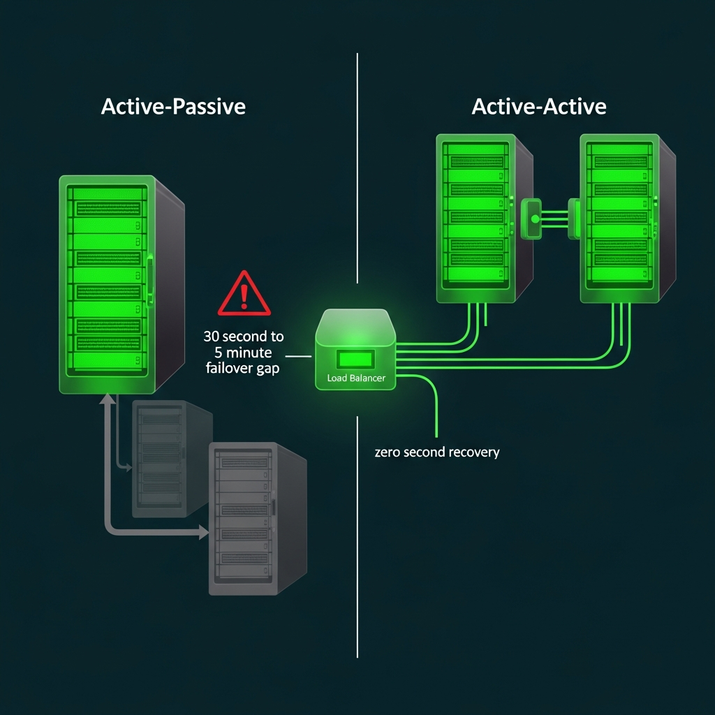 Failover architecture: Active-Passive versus Active-Active with recovery time and cost analysis