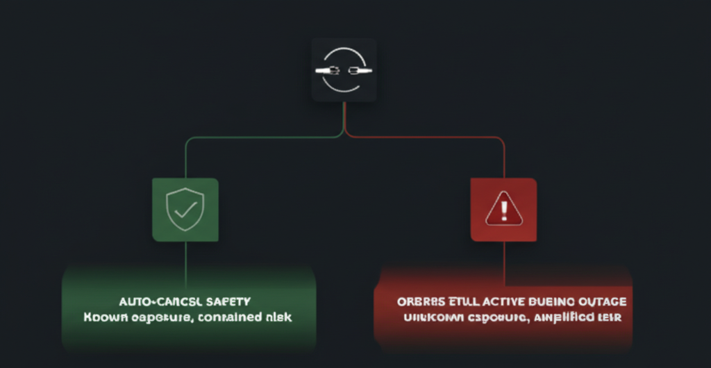 ACOD decision tree: FIX session disconnect splits into two paths — ACOD enabled (orders cancelled, known exposure) vs ACOD disabled (orders remain working, amplified risk)