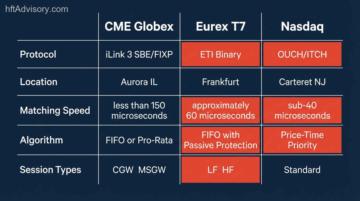 Exchange architecture comparison: CME Globex vs Eurex T7 vs Nasdaq — protocol, colocation, matching speed, and algorithm differences