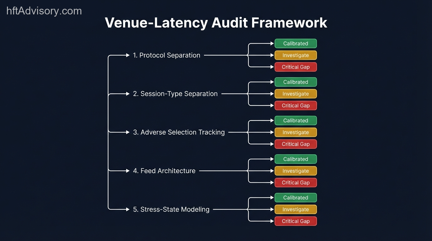 Venue-Latency Audit Framework: five-dimension diagnostic for protocol separation, session types, adverse selection tracking, feed architecture, and stress-state modeling