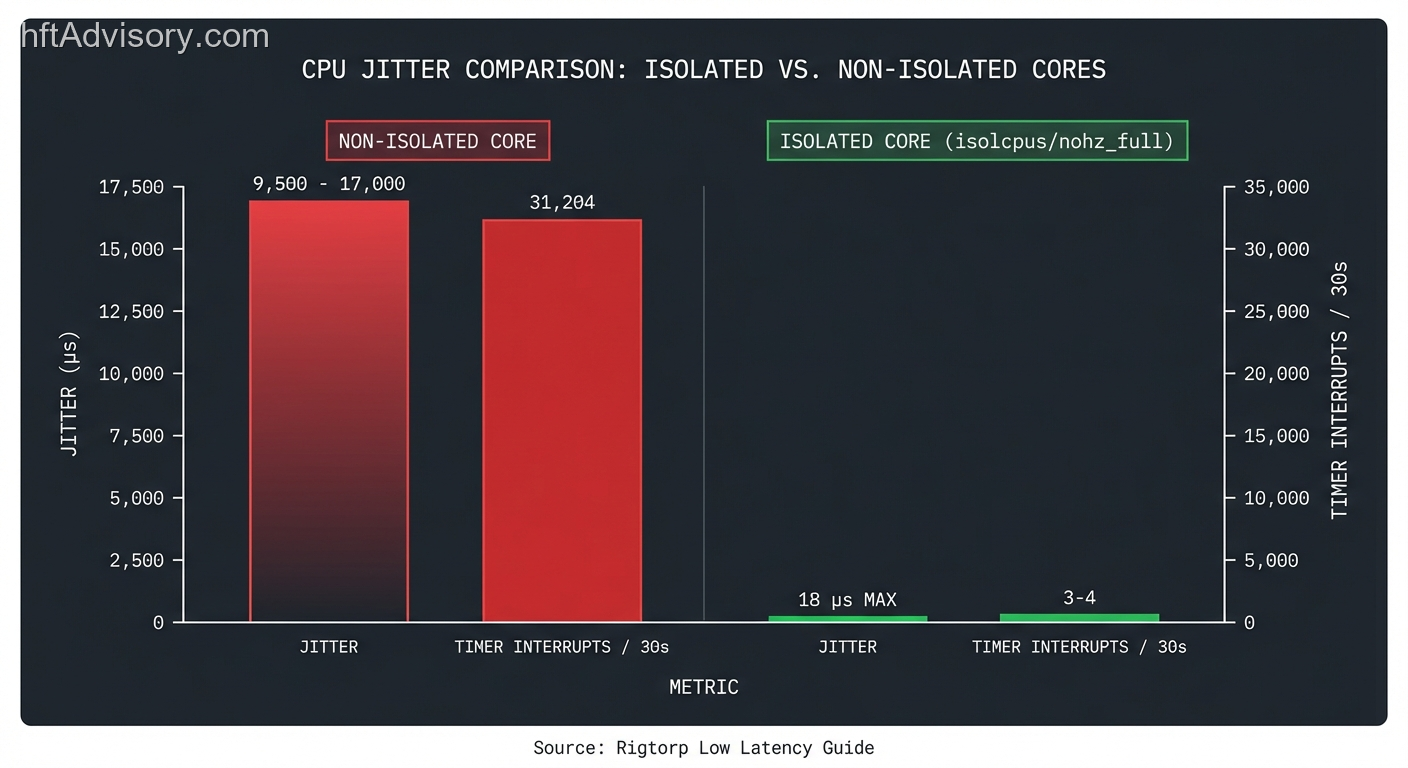 NSE Nanosecond Trading Infrastructure: Five Stack Layers That Decide Your Fill Quality on April 11 - os jitter comparison OS jitter comparison: non-isolated CPU core (9.5โ17ms, 31,204 interrupts) vs isolated core with isolcpus/nohz_full/rcu_nocbs (18ยตs max, 3โ4 interrupts per 30s) โ 500x to 1,000x differential on the same hardware