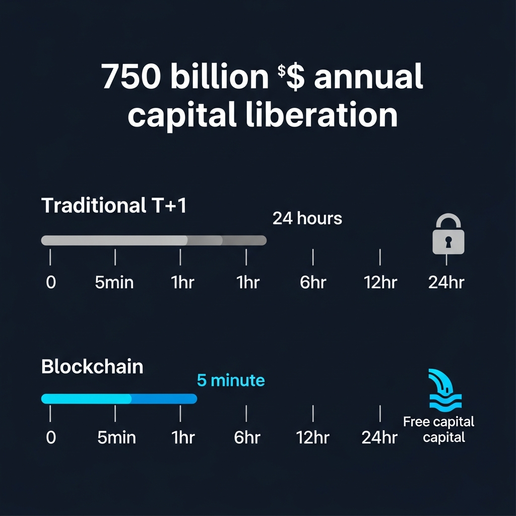 Timeline comparison: T+1 settlement vs blockchain settlement showing capital trapped