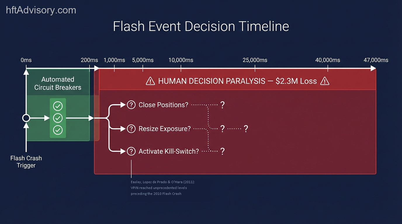 Flash Crash Decision Paralysis: Why Your Risk Architecture Cannot Rely on Human Reflex - week1 mon SC 021 flash paralysis Flash Event Decision Timeline — showing the branching decision paths available in the first 200ms, 2 seconds, and 30 seconds of a flash event, and where human decision latency creates capital exposure