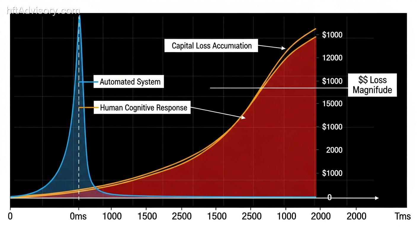 Flash Crash Decision Paralysis: Why Your Risk Architecture Cannot Rely on Human Reflex - week1 mon SC 021 img1 speed problem Latency comparison timeline: automated system response at sub-millisecond versus human cognitive response latency of 300ms to 2 seconds during a flash crash, with capital loss accumulation shown in the response gap