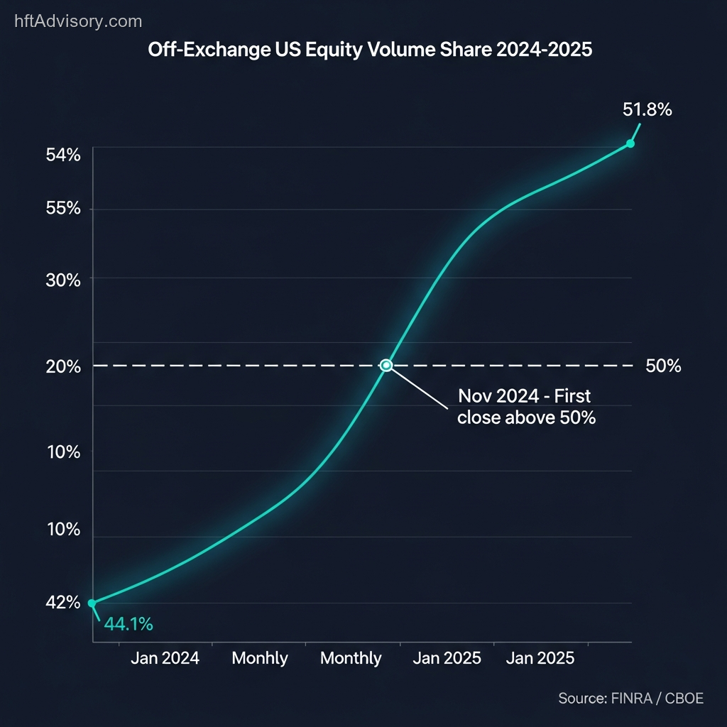 Off-Exchange US Equity Volume Share 2024–2025 — from 44.1% in January 2024 to 51.8% in January 2025, crossing 50% for the first time in November 2024 (Source: FINRA/CBOE)