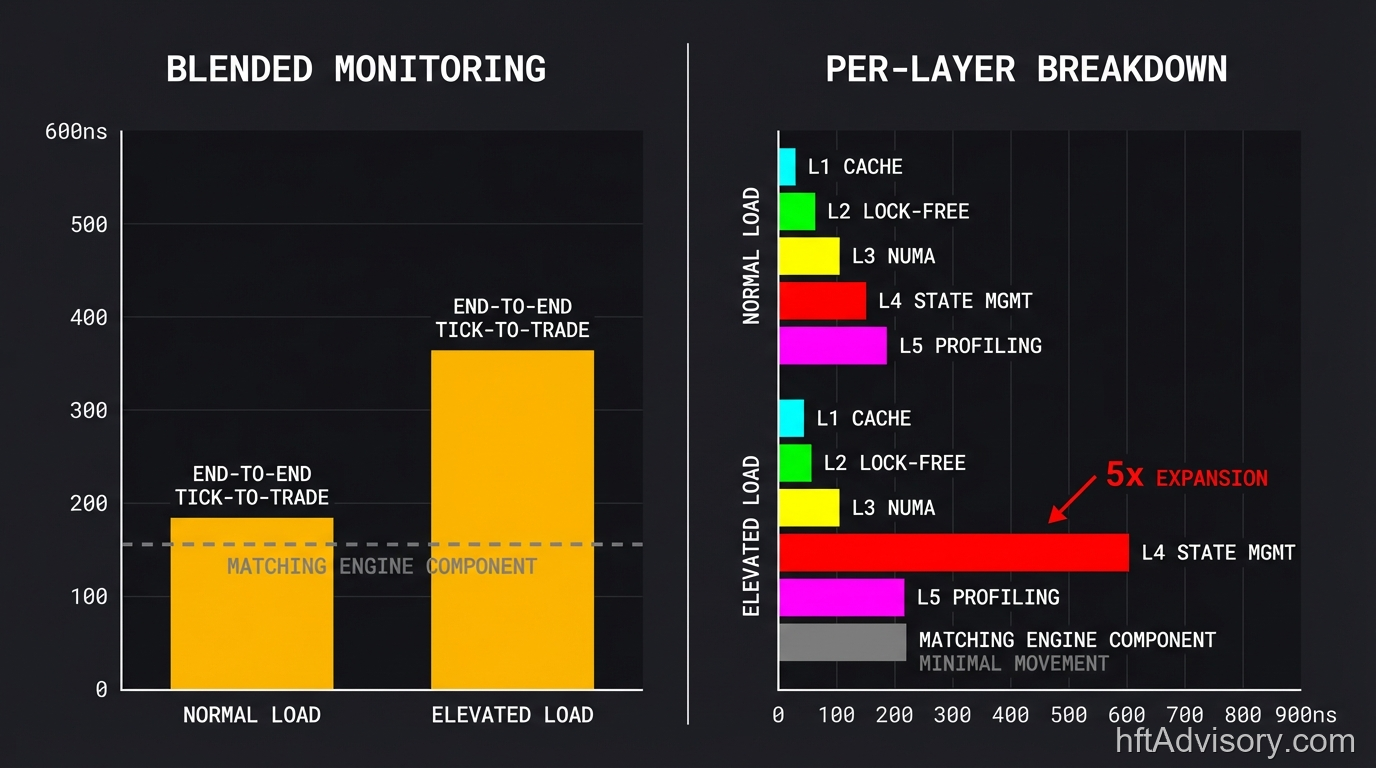 Before/after latency profile chart comparing blended end-to-end tick-to-trade latency measurement versus per-layer LOB decomposition, showing L4 LOB state management expanding 5x under elevated load while matching engine latency remains flat