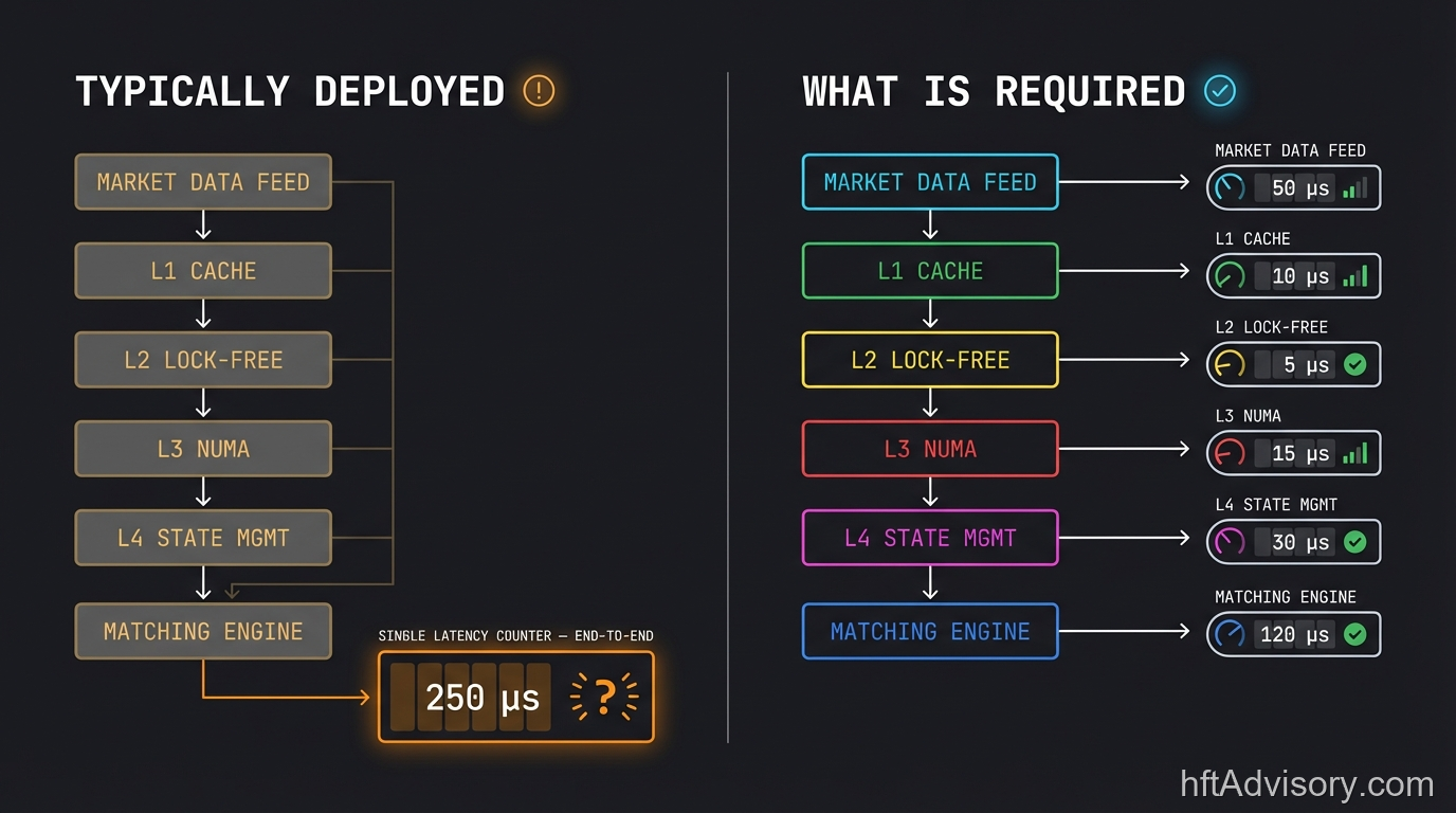 Monitoring architecture comparison diagram showing blended single-counter monitoring versus five-layer independent LOB monitoring with per-layer counters and separate thresholds