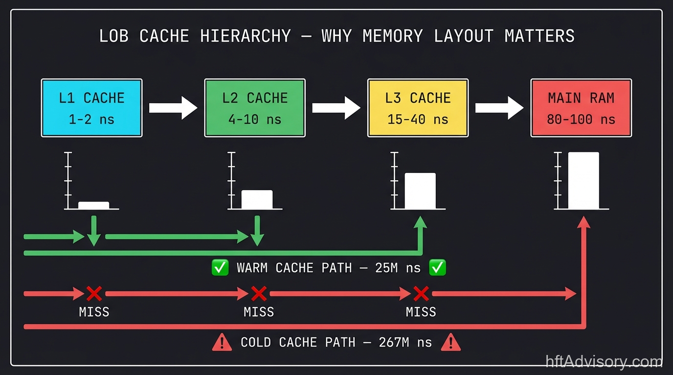 CPU cache hierarchy diagram showing L1 (1-2 ns), L2 (4-10 ns), L3 (15-40 ns), and RAM (80-100 ns) latency tiers with warm cache path at 25M ns versus cold cache path at 267M ns
