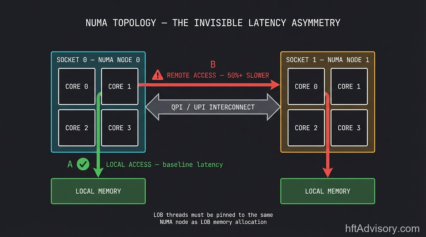 NUMA topology diagram showing dual-socket server with local memory access at baseline latency versus remote cross-socket access running 50 percent slower via QPI/UPI interconnect