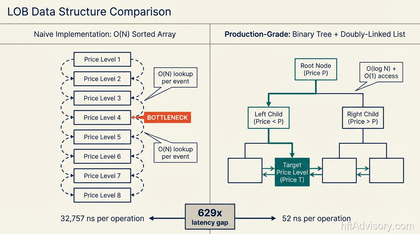 Limit Order Book Architecture: The Real Cost of Getting the Sequencing Wrong - 2026 03 20 lob data structure comparison Side-by-side architecture diagram comparing O(N) sorted array LOB implementation at 32,757 nanoseconds versus binary tree plus doubly-linked list at 52 nanoseconds, showing a 629x latency gap