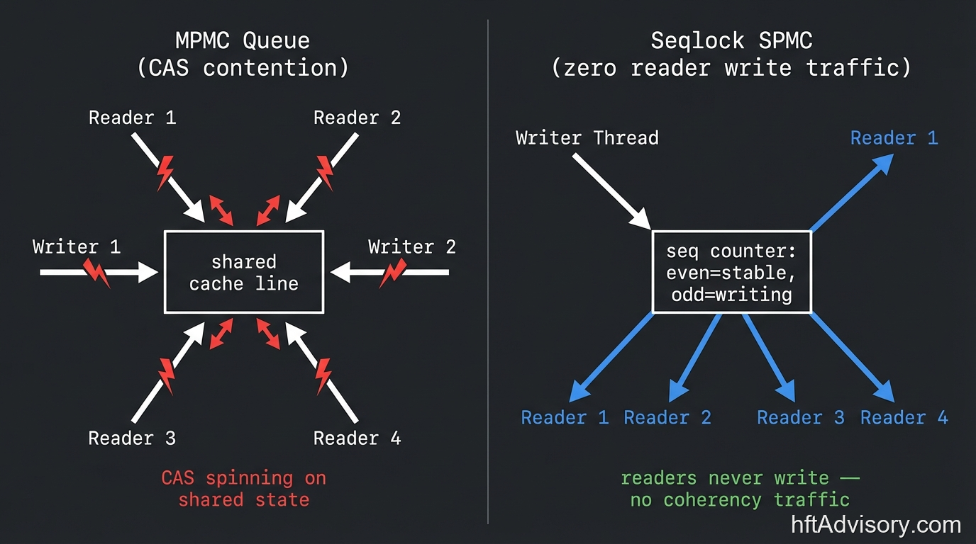 Architecture comparison of MPMC queue with CAS contention on a shared cache line versus seqlock SPMC design where readers generate zero write traffic, illustrating how eliminating false sharing removes a root cause of p99 latency spikes in HFT market data systems