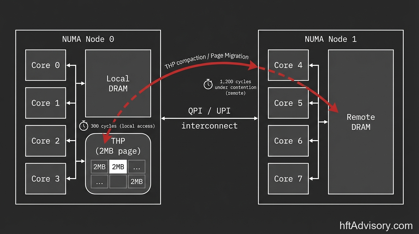 NUMA topology diagram showing Transparent Huge Page compaction migrating a 2MB page from local DRAM at 300 cycles across the QPI interconnect to remote DRAM at 1200 cycles under contention