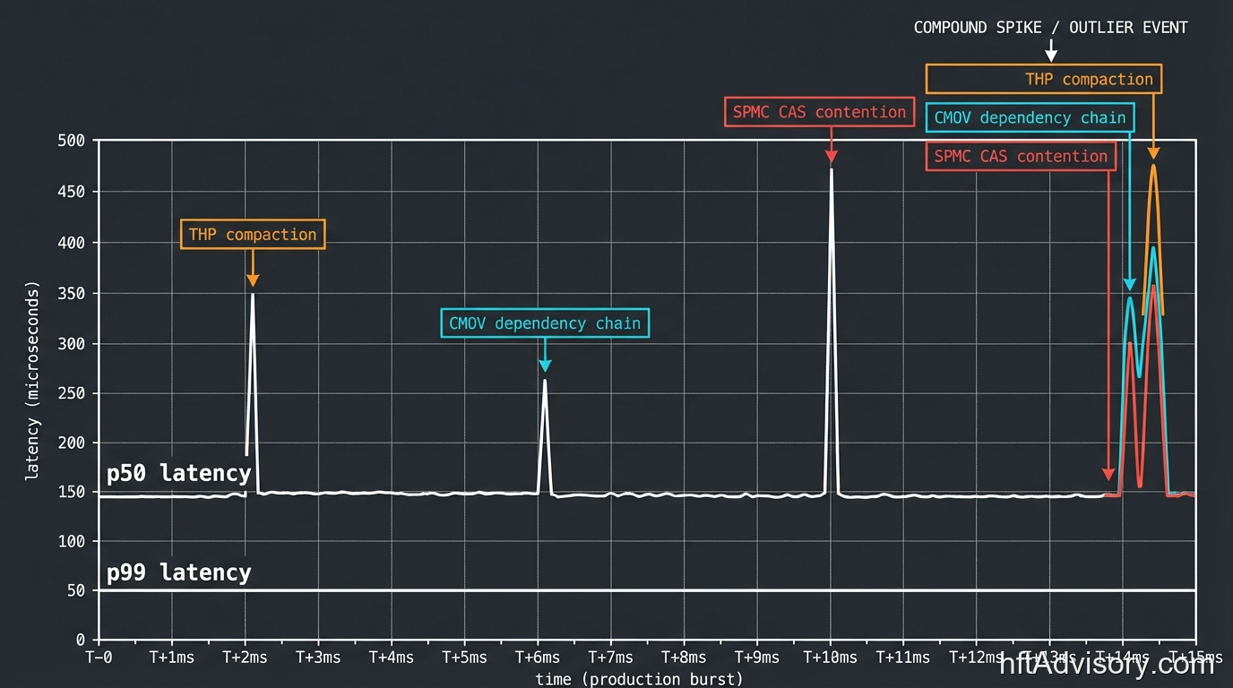 Timeline diagram comparing p50 vs p99 latency during a production burst event, showing how THP compaction, CMOV dependency chains, and SPMC CAS contention stack to produce compound tail latency in high-frequency trading systems