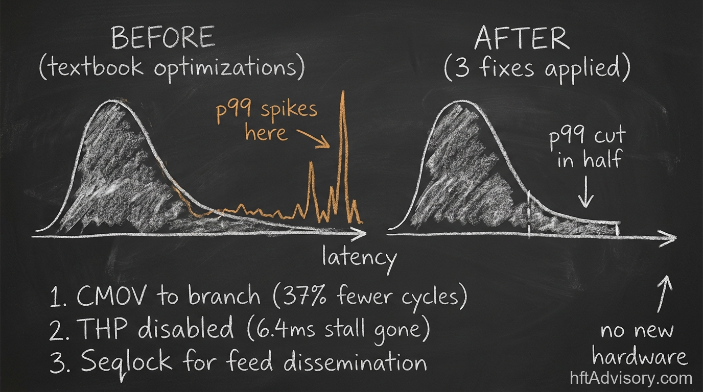 Why Textbook C++ Optimizations Wreck p99 Latency in HFT: A Three-Root-Cause Post-Mortem - 2026 03 24 sc009 p99 before after