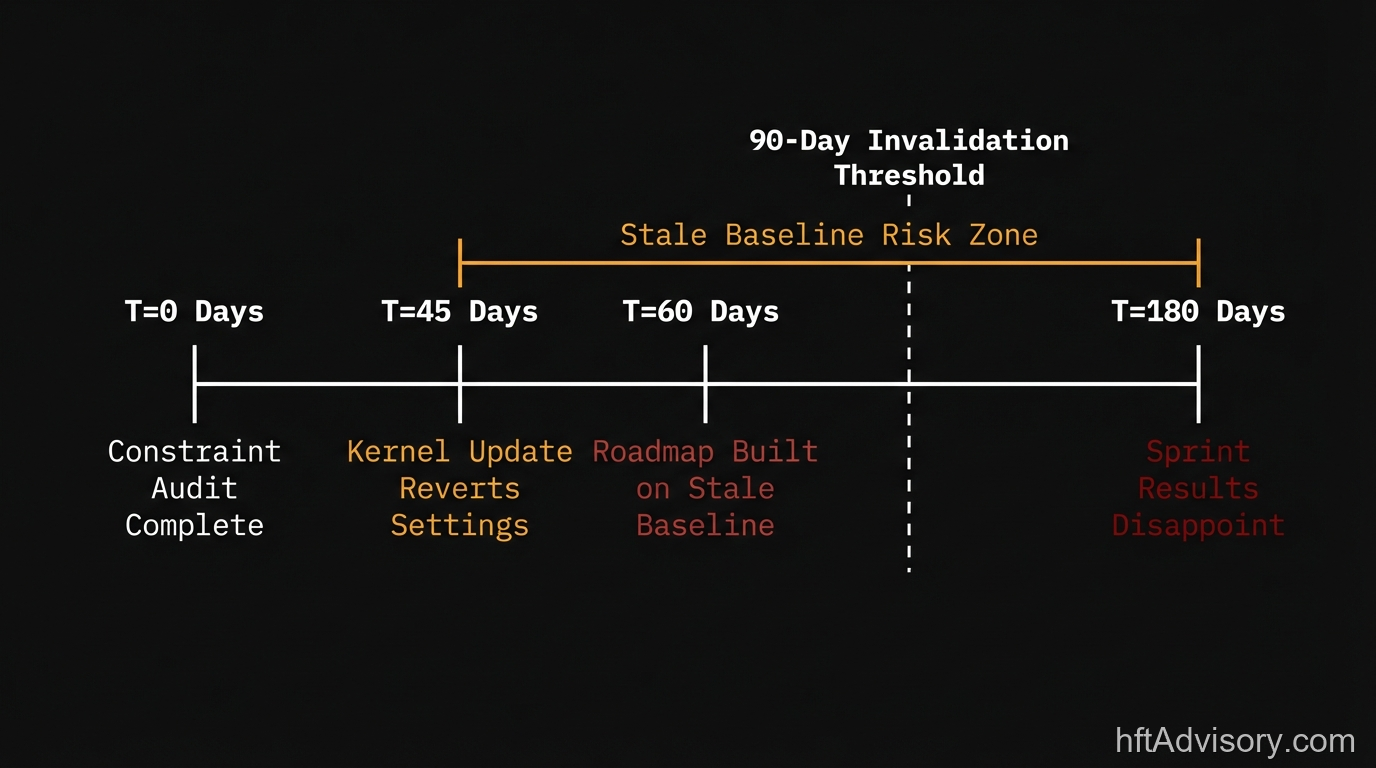Why HFT Latency Optimization Programs Fail: The Constraint-Layer Audit Your Roadmap Is Missing - constraint map timeline HFT constraint map invalidation timeline showing how kernel updates silently revert settings, causing optimization roadmaps to target wrong constraints