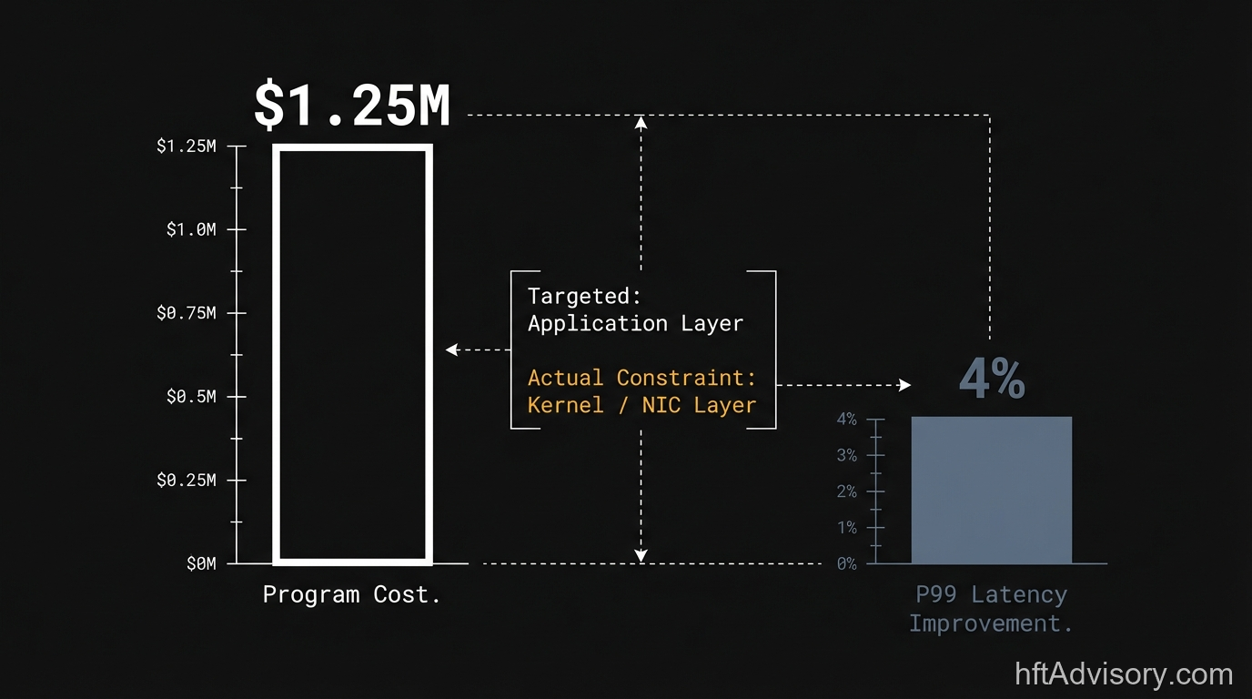 Why HFT Latency Optimization Programs Fail: The Constraint-Layer Audit Your Roadmap Is Missing - cost of delay diagram Infographic showing $1.25M HFT optimization program cost versus 4% P99 latency improvement, with annotation showing the real constraint was in the kernel and NIC layer