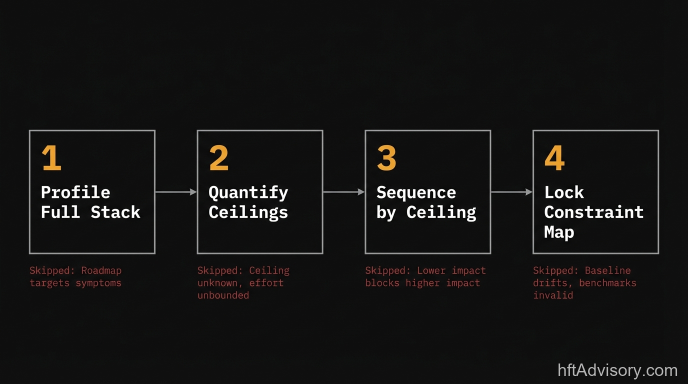 Why HFT Latency Optimization Programs Fail: The Constraint-Layer Audit Your Roadmap Is Missing - four step audit process Four-step HFT constraint-layer audit process flow: Profile Full Stack, Quantify Ceilings, Sequence by Ceiling, Lock Constraint Map