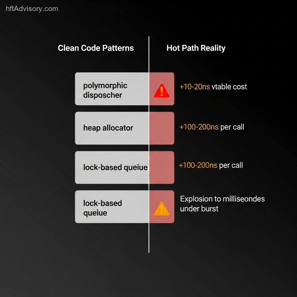 Technical comparison diagram showing clean code patterns such as polymorphic dispatch, heap allocation, and lock-based queues versus their hidden nanosecond and millisecond penalties in production hot paths