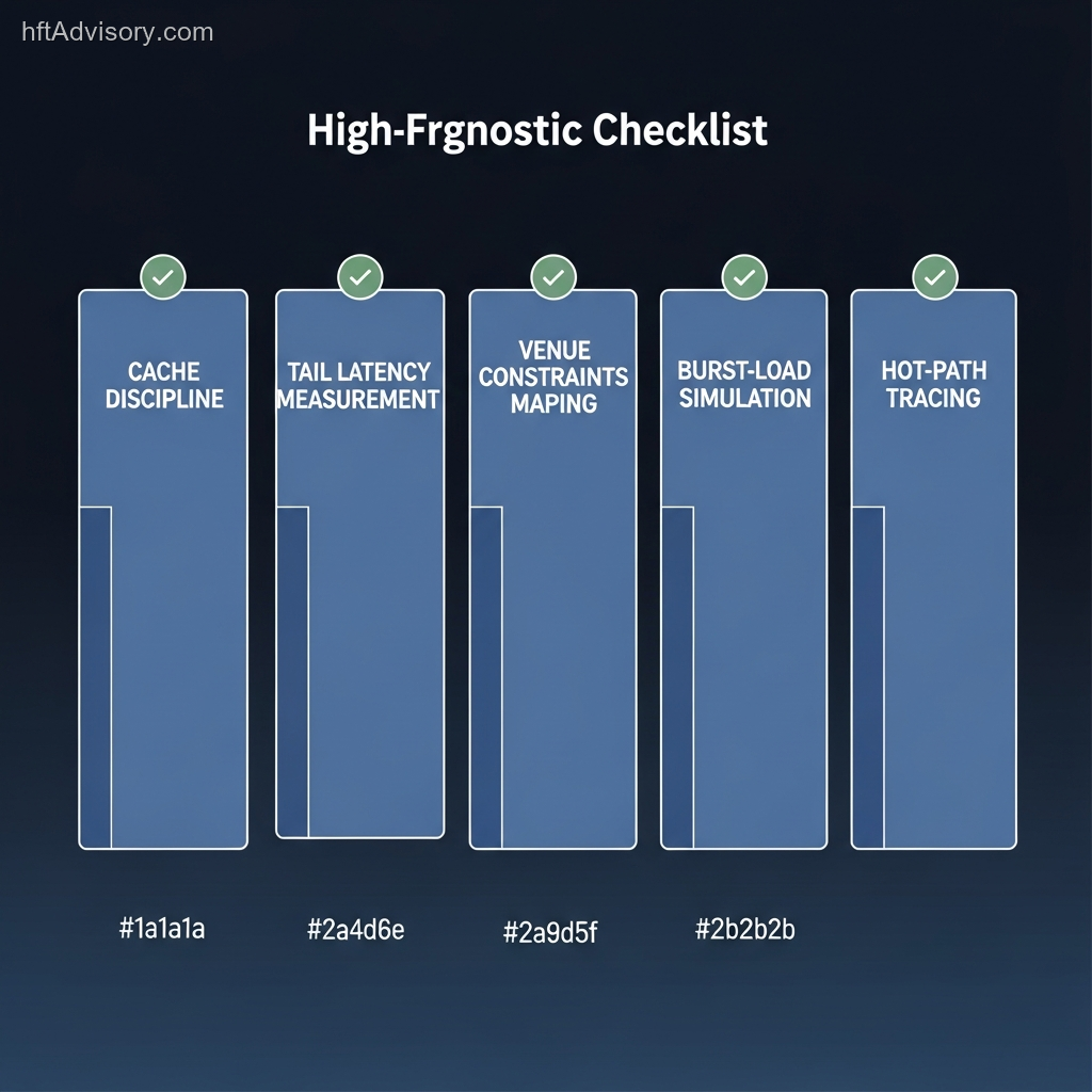 Executive diagnostic checklist showing five HFT architecture audit pillars: cache discipline, tail latency measurement, venue constraints mapping, burst-load simulation, and hot-path tracing
