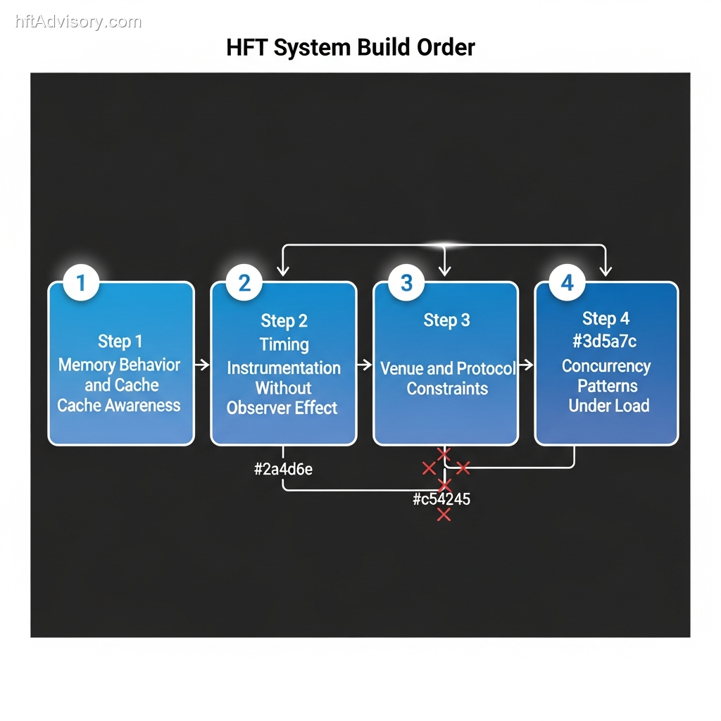 Four-step HFT system build sequencing map showing mandatory order from memory behavior to timing instrumentation to venue constraints to concurrency, with failure indicators for out-of-sequence starts