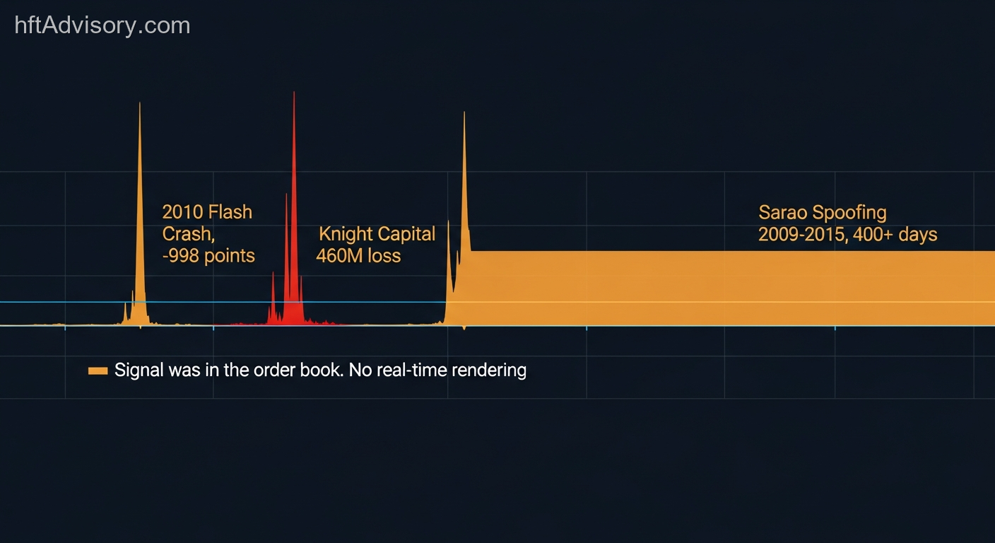 Timeline of three market microstructure incidents — 2010 Flash Crash, 2012 Knight Capital loss, 2009–2015 Sarao spoofing — annotated with the common monitoring failure: no real-time order book composition visibility despite the signal being present in the order flow data