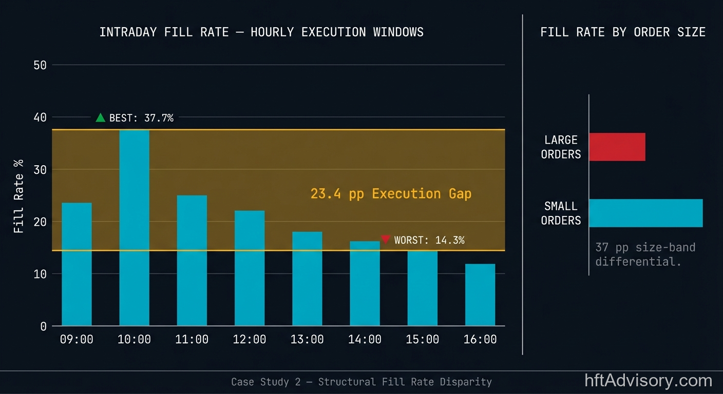 What Your Execution Stack Cannot See: A Market Microstructure Diagnostics Case Study in Fill Rate, VPIN, and the Stale Feed Trap - 2026 04 07 microstructure diagnostics casestudy2 Intraday fill rate bar chart showing hourly execution performance. Best hour 37.7 percent highlighted in green, worst hour 14.3 percent in red, with a 23.4 percentage point execution gap shaded. Secondary panel shows 37 pp fill rate differential between large and small order sizes