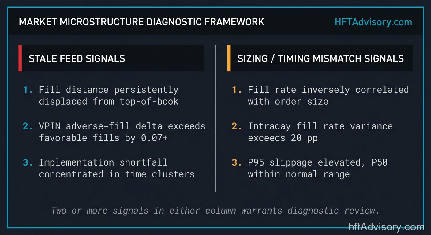 What Your Execution Stack Cannot See: A Market Microstructure Diagnostics Case Study in Fill Rate, VPIN, and the Stale Feed Trap - 2026 04 07 microstructure diagnostics checklist Two-column market microstructure diagnostic checklist. Left: three signals indicating stale feed including fill distance displacement, VPIN adverse-fill delta, and implementation shortfall clustering. Right: three signals indicating sizing and timing mismatch including size-correlated fill rate, intraday variance, and P95 tail pattern
