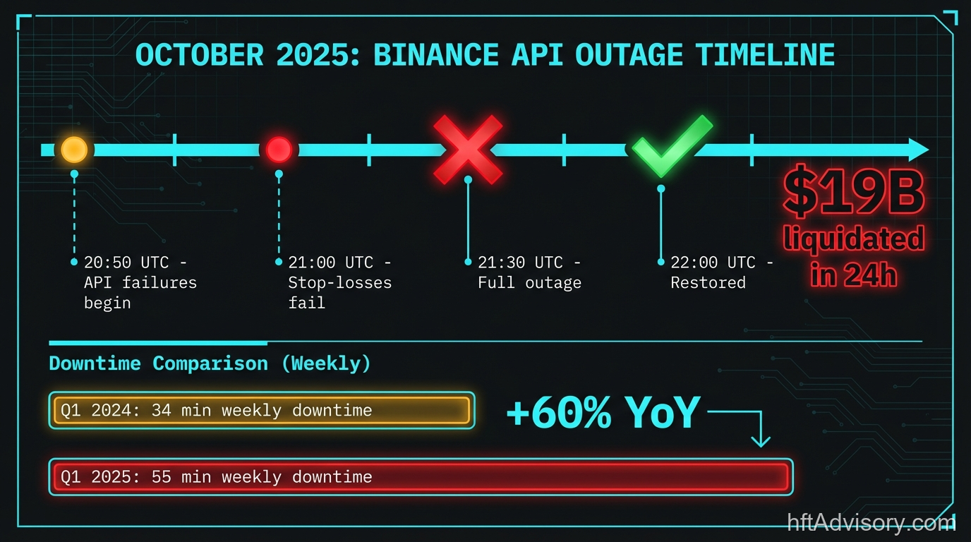 October 2025 Binance API Outage Timeline: 70-minute outage, $19B liquidated, API downtime up 60% YoY