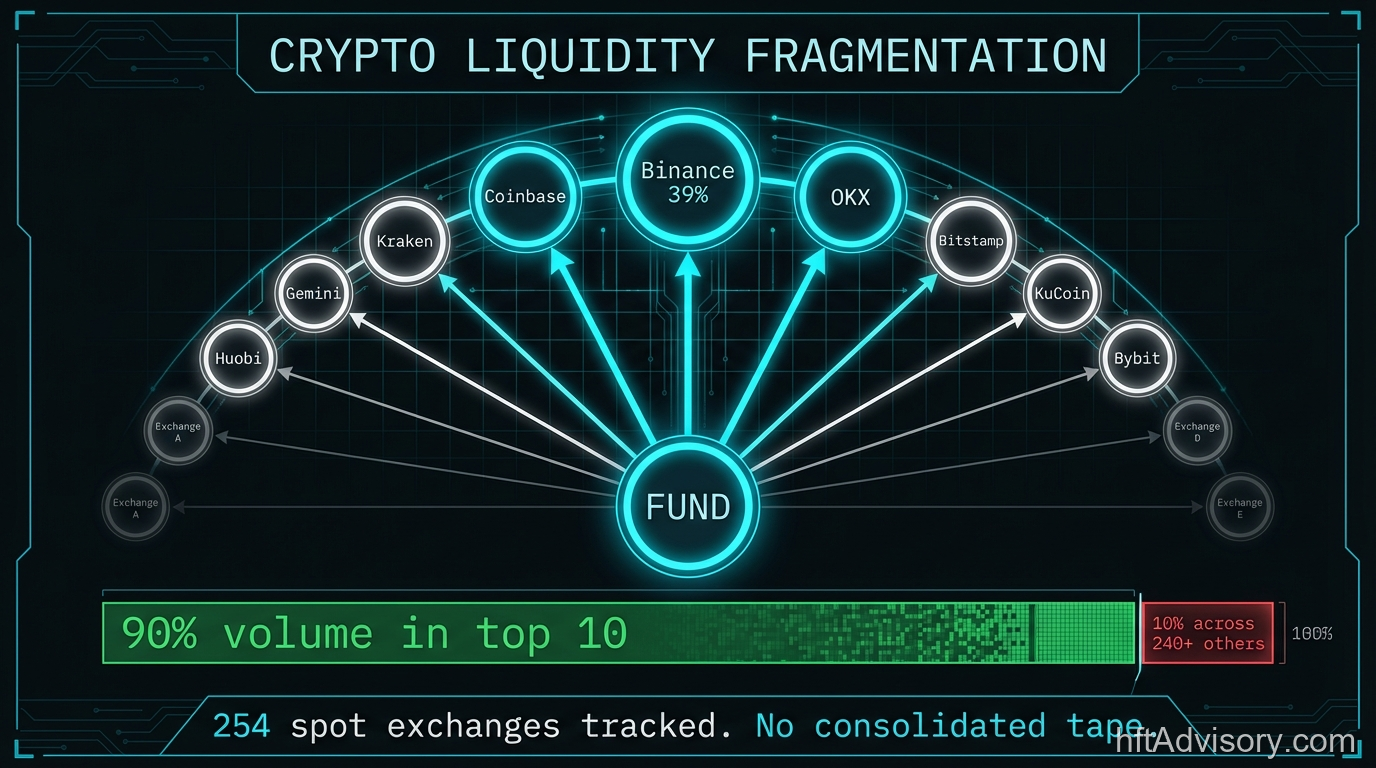 Crypto Liquidity Fragmentation: 254 spot exchanges, top 10 handle 90% of volume, no consolidated tape