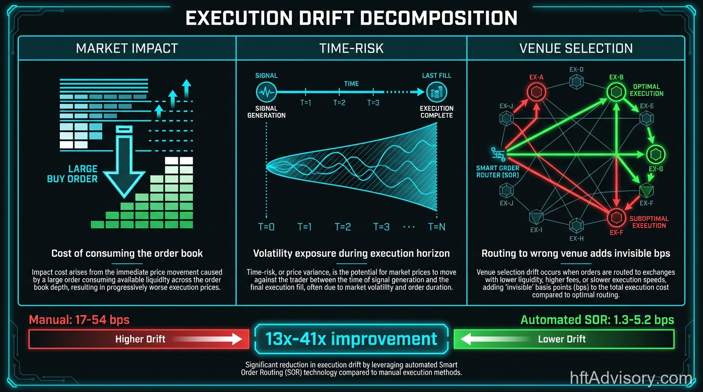 Execution Drift Decomposition: Market Impact, Time-Risk, and Venue Selection Inefficiency