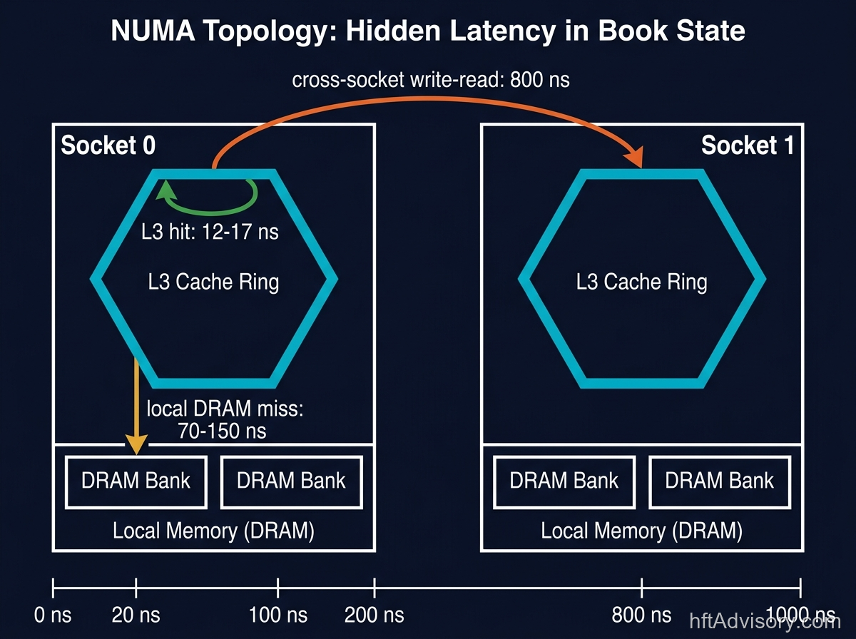 NUMA topology diagram showing CPU socket latency hierarchy: L3 cache hit 12-17ns, local DRAM miss 70-150ns, cross-socket write-read 800ns — book state optimization for HFT systems