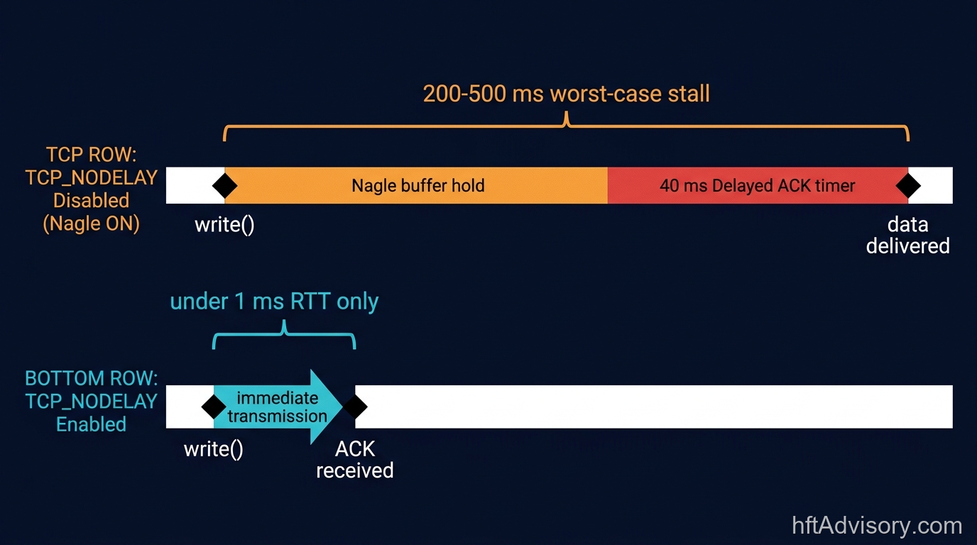 TCP Nagle algorithm and delayed ACK latency timeline — TCP_NODELAY disabled causes 200-500ms worst-case stall vs TCP_NODELAY enabled sub-millisecond transmission for HFT order flow