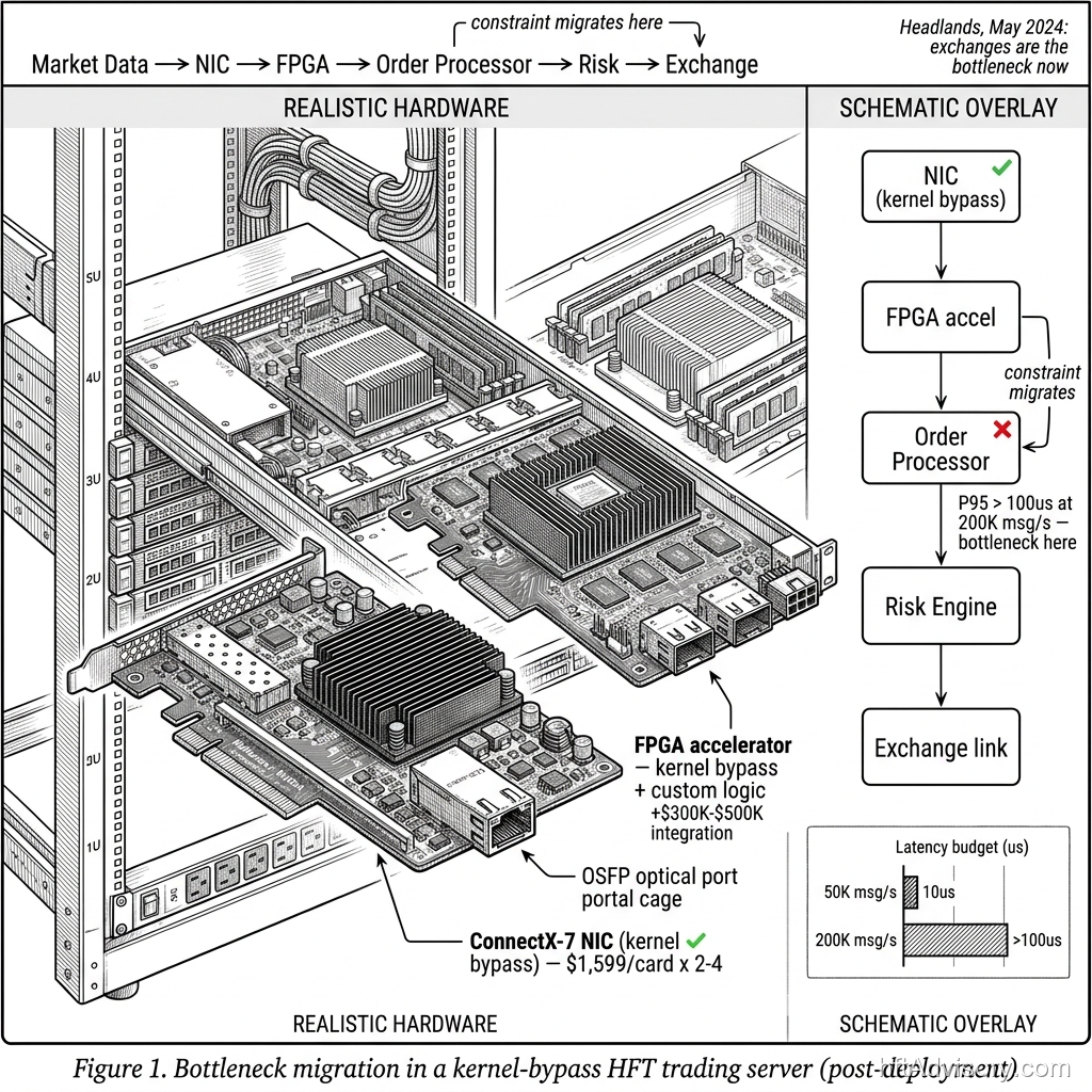 O'Reilly engineering diagram of HFT kernel-bypass infrastructure: server rack with ConnectX-7 NIC, FPGA accelerator, and schematic overlay showing where the bottleneck migrates
