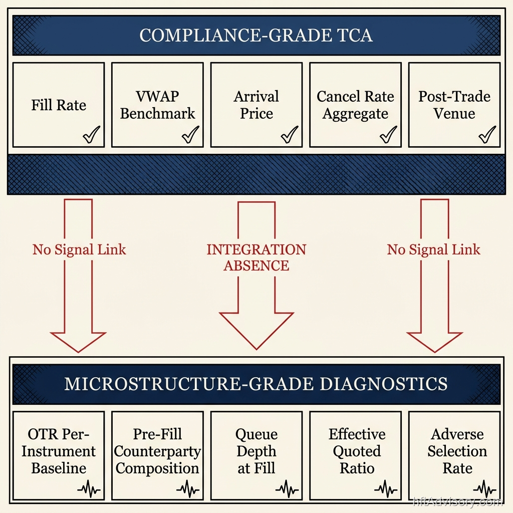 Two-layer architecture diagram showing compliance-grade TCA metrics in the top layer and microstructure-grade diagnostics in the bottom layer, with red gap arrows indicating integration absence