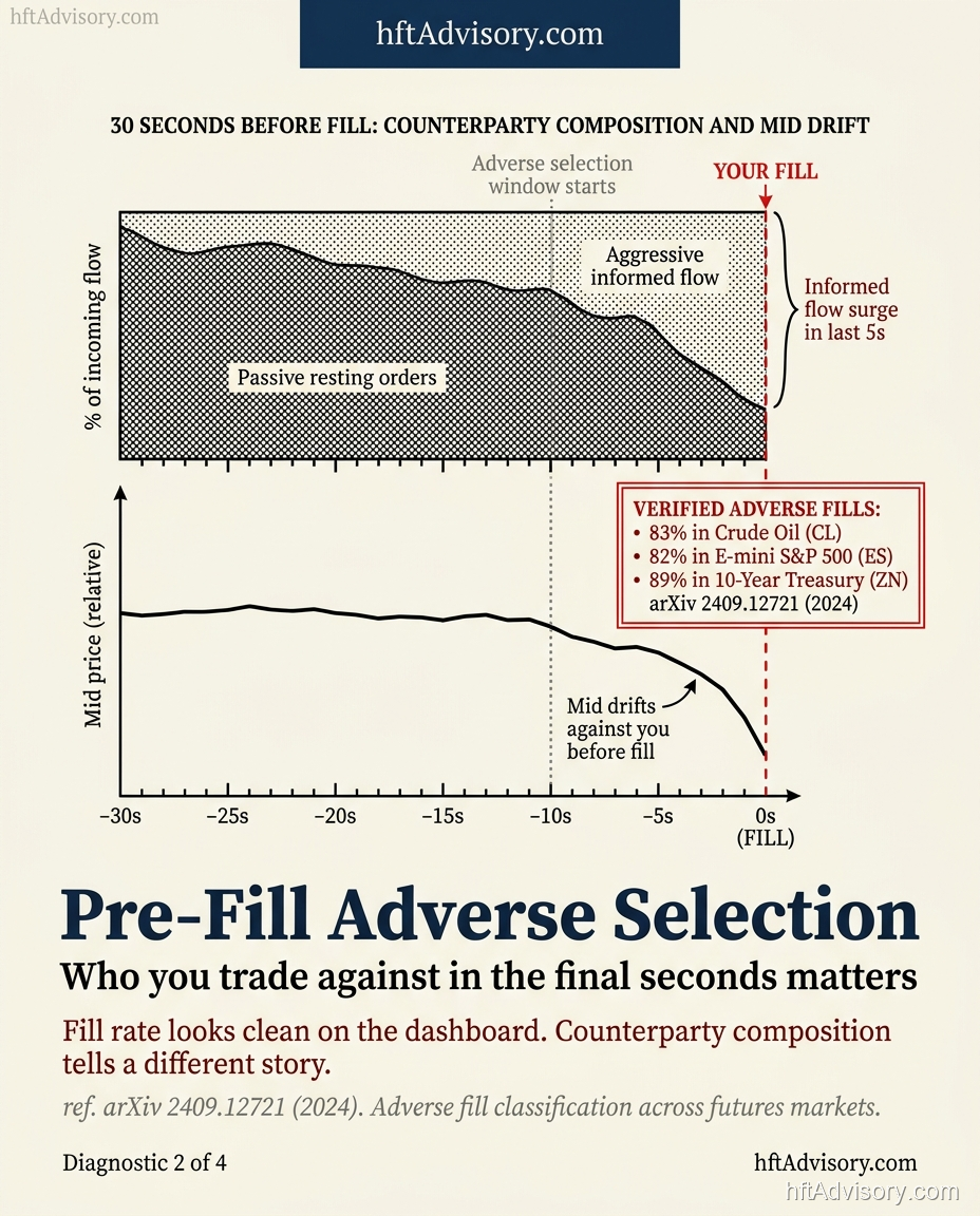 Pre-fill counterparty composition analysis showing adverse selection pattern in the 2-second window before trade execution with markout curve