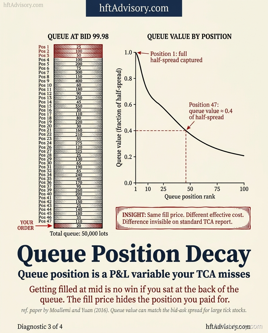 Queue position P&L impact diagram showing limit order book queue depth and Moallemi-Yuan 2016 decay curve illustrating adverse selection cost as a function of queue position in large tick-size stocks