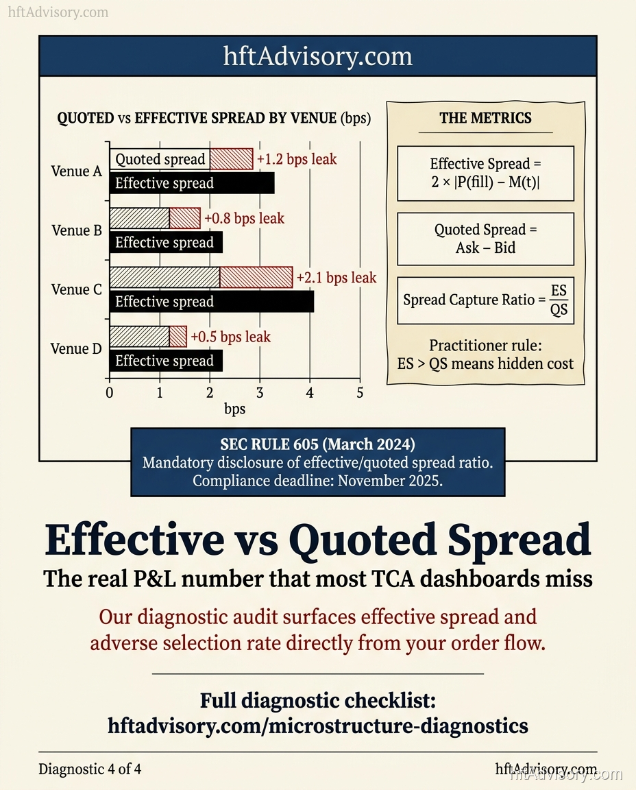 Quoted versus effective spread bar chart with E/Q ratio overlay and SEC Rule 605 compliance timeline showing mandatory effective spread disclosure deadline of August 1, 2026