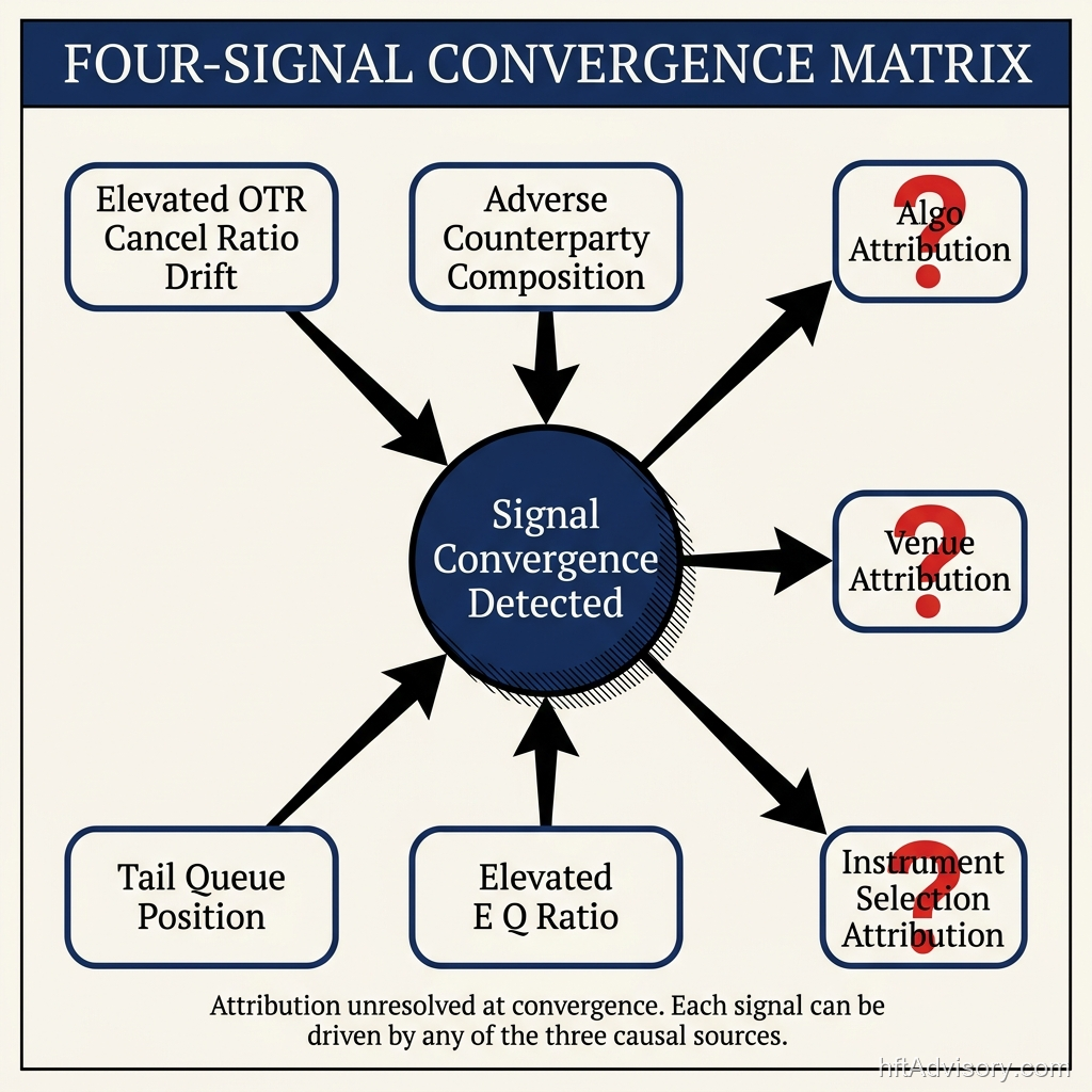 Four-signal convergence matrix diagram with OTR cancel drift, adverse counterparty composition, tail queue position, and elevated E/Q ratio feeding into a signal convergence node with three unresolved attribution output branches