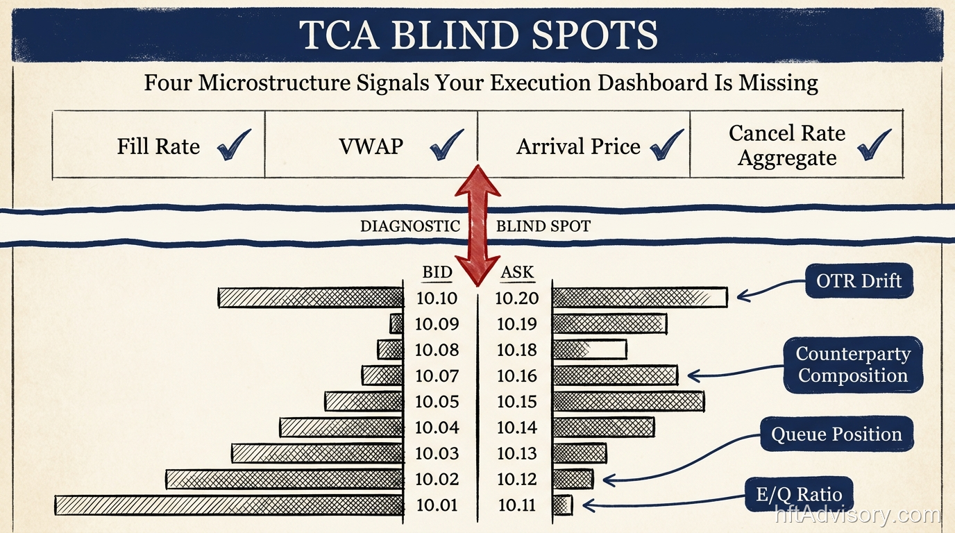 TCA Blind Spots: Four Microstructure Signals Your Execution Dashboard Is Missing - 2026 05 08 tca blind spots hero