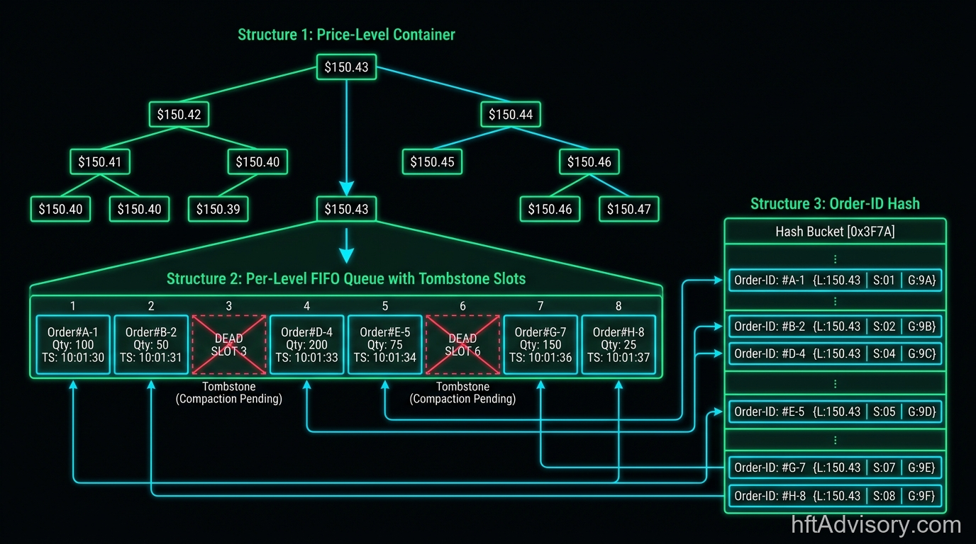 Three-structure production-grade order book architecture: price-level BST, per-level FIFO with tombstone slots, and order-ID hash linked via packed integer handles {level_idx, slot_idx, generation}