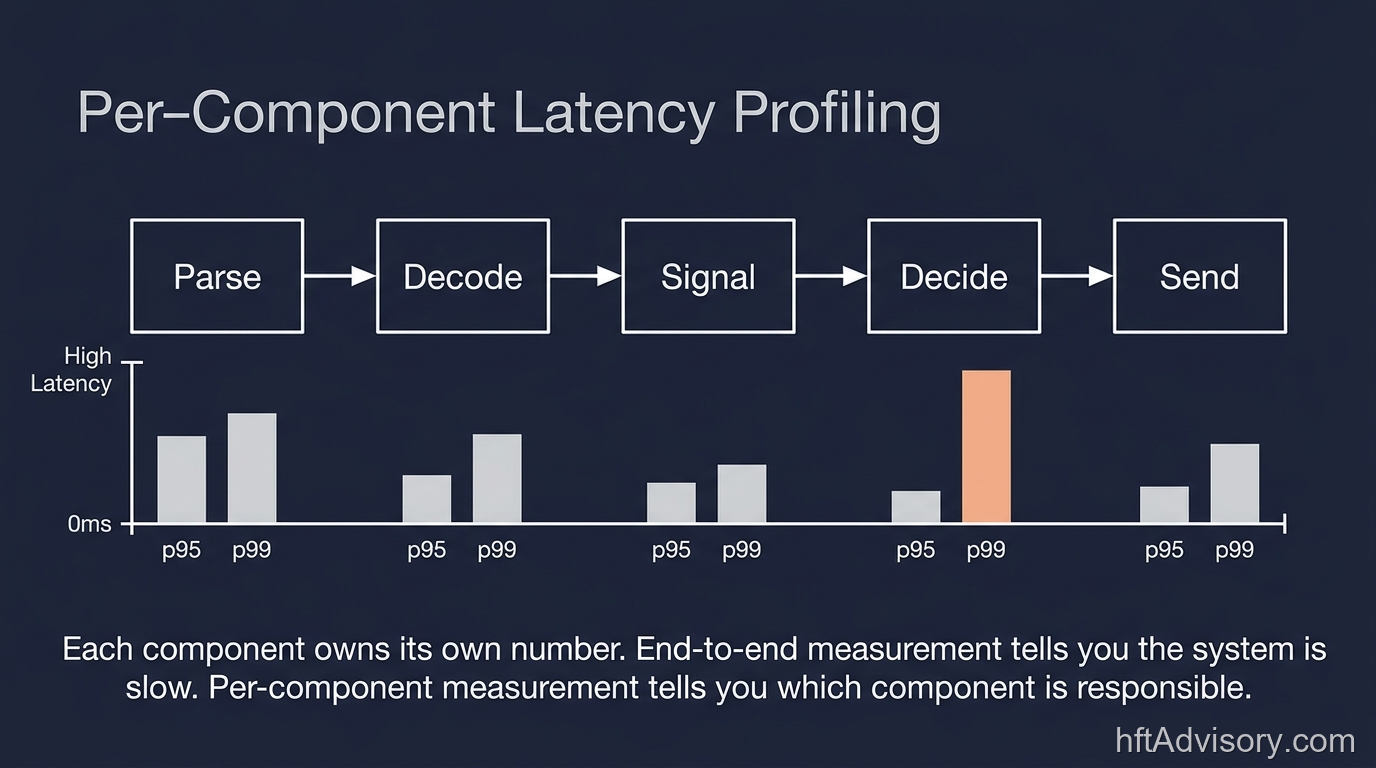 Per-component latency profiling pipeline diagram with five sequential stages (parse, decode, signal, decide, send) each showing independent p95 and p99 measurement bars