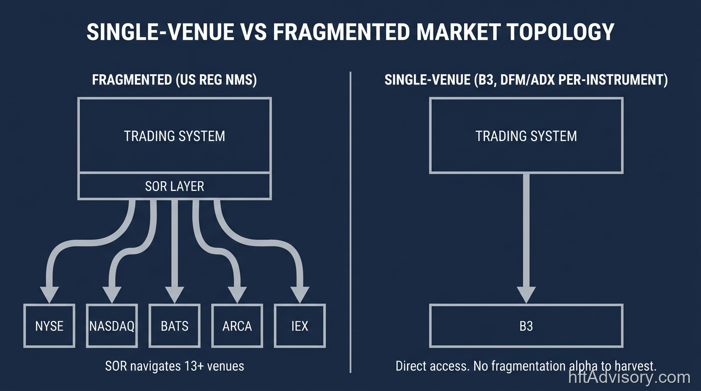 Two-panel topology diagram contrasting US Reg NMS fragmented market structure with SOR routing across 13+ venues against single-venue direct-access architecture for B3 and DFM/ADX