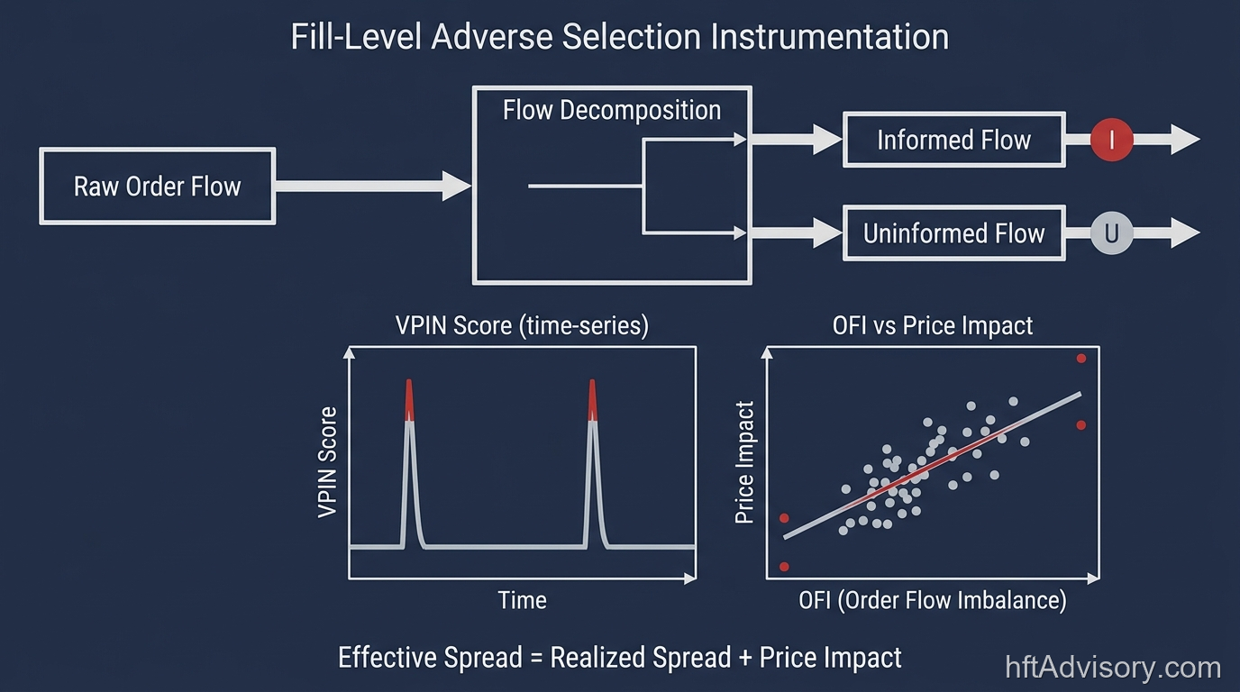 Fill-level adverse selection instrumentation schematic: raw order flow decomposing into informed and uninformed components, with VPIN score time-series and OFI vs price-impact panels