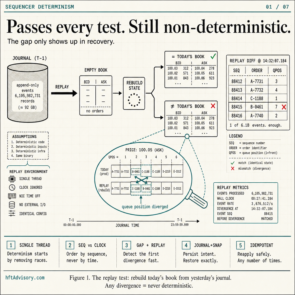 Matching Engine Determinism: Why Replay Fidelity Is the Real Test of Exchange Architecture - 2026 05 29 sequencer determinism hero