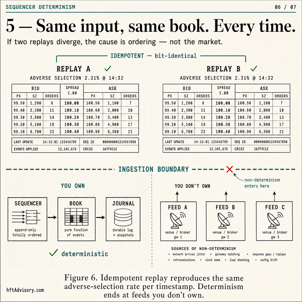 Idempotent recovery: two clean replays reproduce the same adverse selection rate per timestamp, and determinism ends at the feeds you do not own
