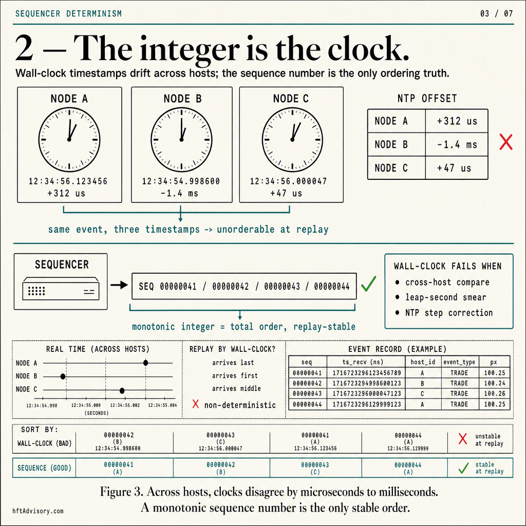 Logical sequence numbers over wall-clock: a monotonic integer is the only stable ordering authority when clocks drift across hosts