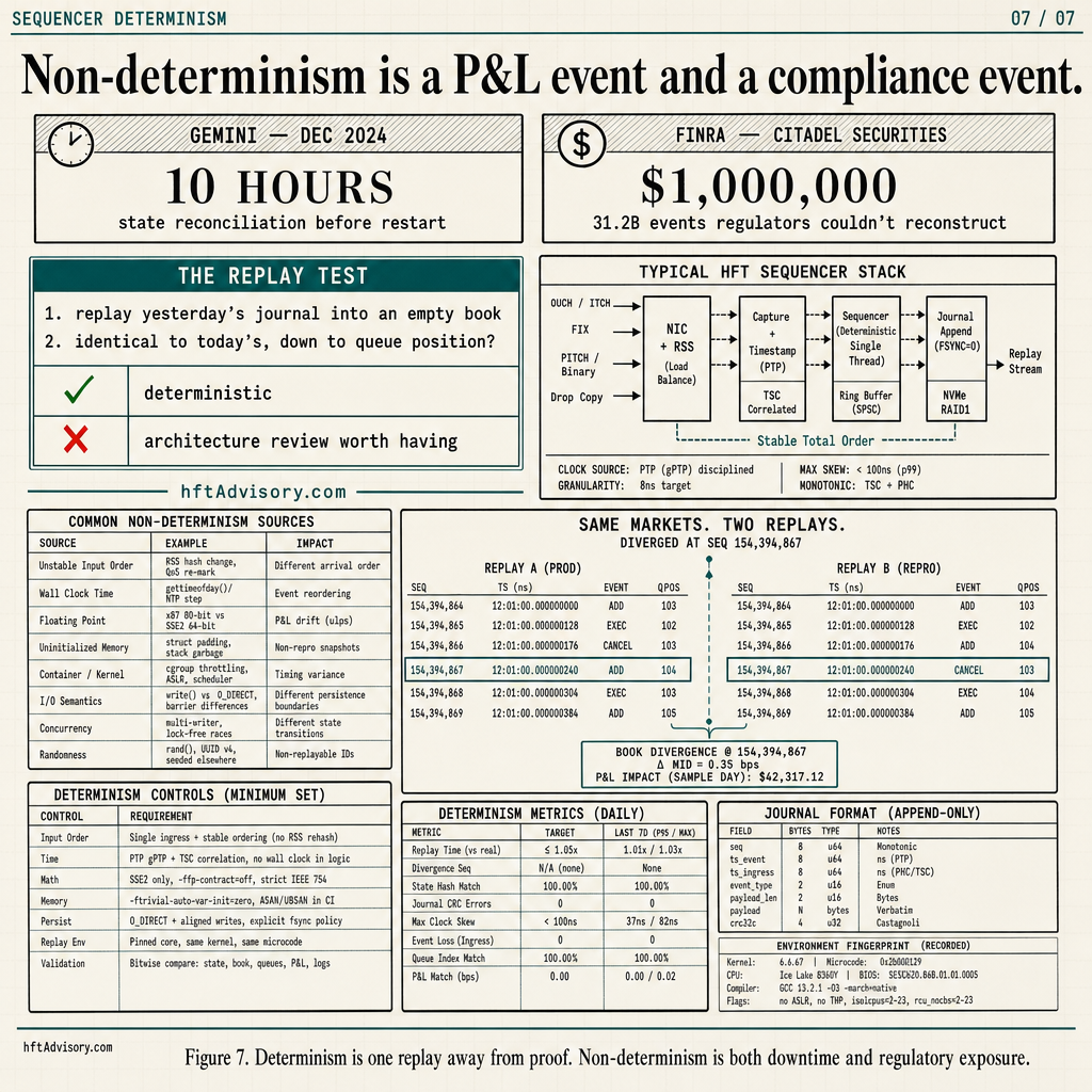 Non-determinism as a P&L event and a compliance exposure: the Gemini ten-hour outage and the one-million-dollar FINRA CAT reporting fine