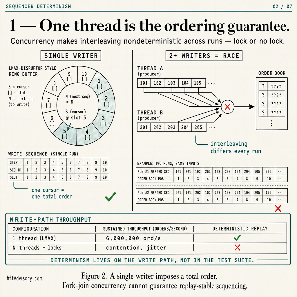 Single-threaded matching loop preserves a total order while fork-join concurrency breaks replay-stable sequencing