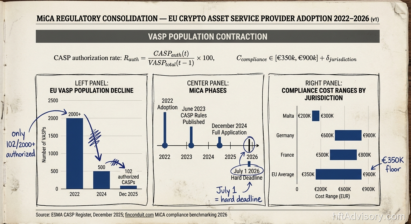 MiCA Regulatory Consolidation: EU CASP Authorization 2022–2026 — 102 authorized CASPs by Dec 2025 vs 2000+ prior VASPs; compliance cost €350K–€900K by jurisdiction