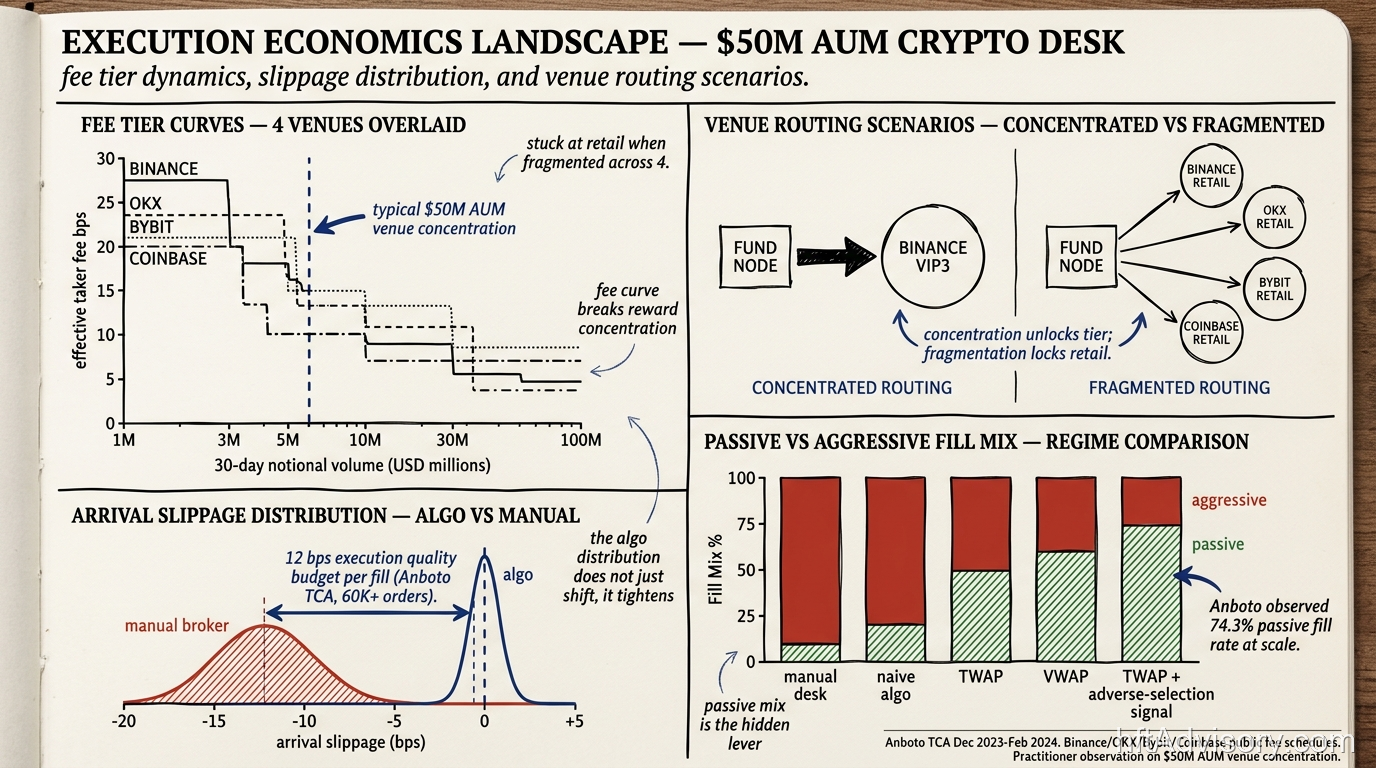 Execution economics landscape for a $50M AUM crypto desk: fee tier curves across four venues, concentrated vs fragmented routing architecture, arrival slippage distribution algo vs manual, and passive vs aggressive fill mix comparison